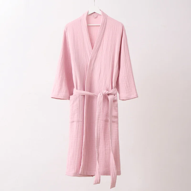 Japanese Simplicity 3-layer Gauze Lapels Yarn Sofe Water Absorption   Home Dressing Gown Long Kimono Skin Loose100% Cotton