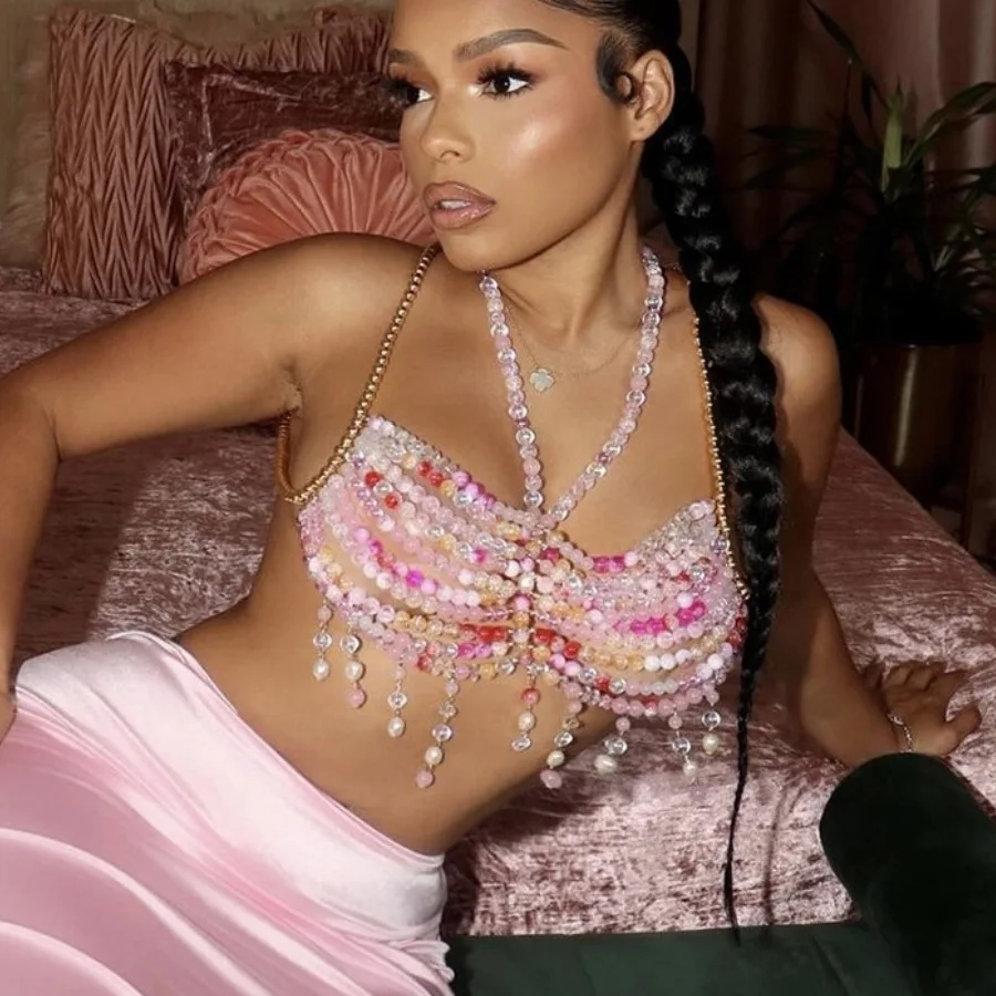 Pink Woman Tops Beading Camisole Vest Bikini Bra Top Body Exaggerated Pearl Neck Bustier Beachwear Lingerie Women's Club Rave