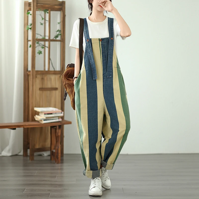 

Summer 2025 Women's Loose Fit Denim Overalls with Large kets Color Blo Striped Slimming Effect Long Pants Wear Resistant