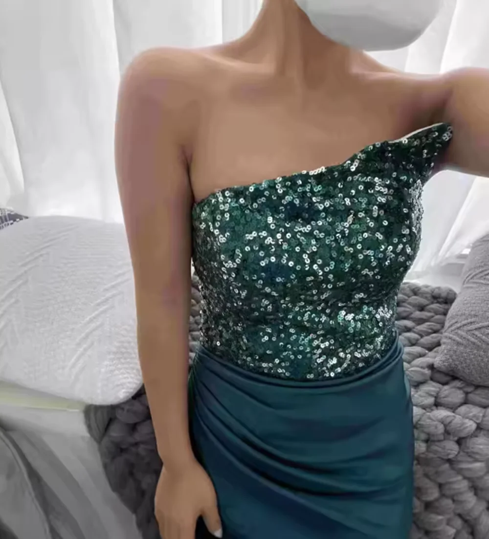 فستان سهرة مثير حورية البحر بدون حمالات من الساتان المتألق ترتر طويل لحفلات الكوكتيل سويب تراين فتحة عالية 2025 مخصص مجاني #4