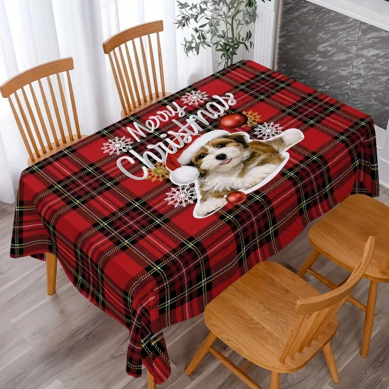 

Merry Christmas Tablecloth Red and Black Plaid Puppy Pattern Tablecloth Festive Atmosphere Decorative Tablecloth New Year Gift