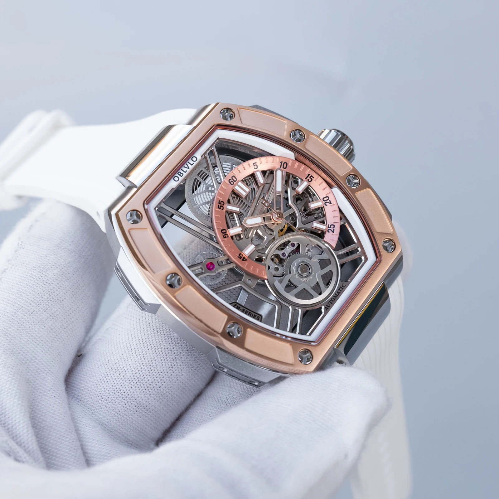 OBLVLO ZRM-ZM Two-Tone Rose Gold & Silver Automatic Watch Tonneau Skeleton Mechanical Wristwatch White Rubber Strap Sport