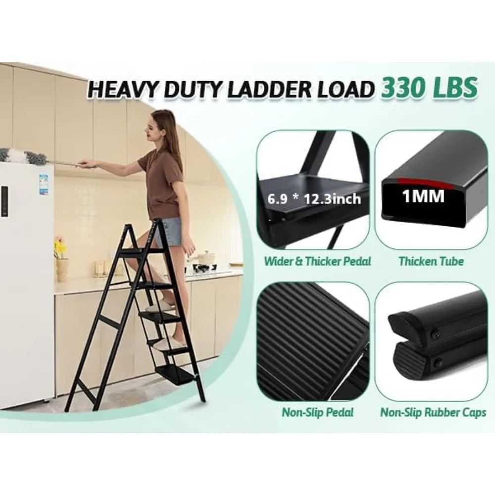 Escalera plegable de 5 escalones - OOSOFITT Escalera resistente de capacidad de 330 lb para uso doméstico e en interiores, ideal para cocina y armario A