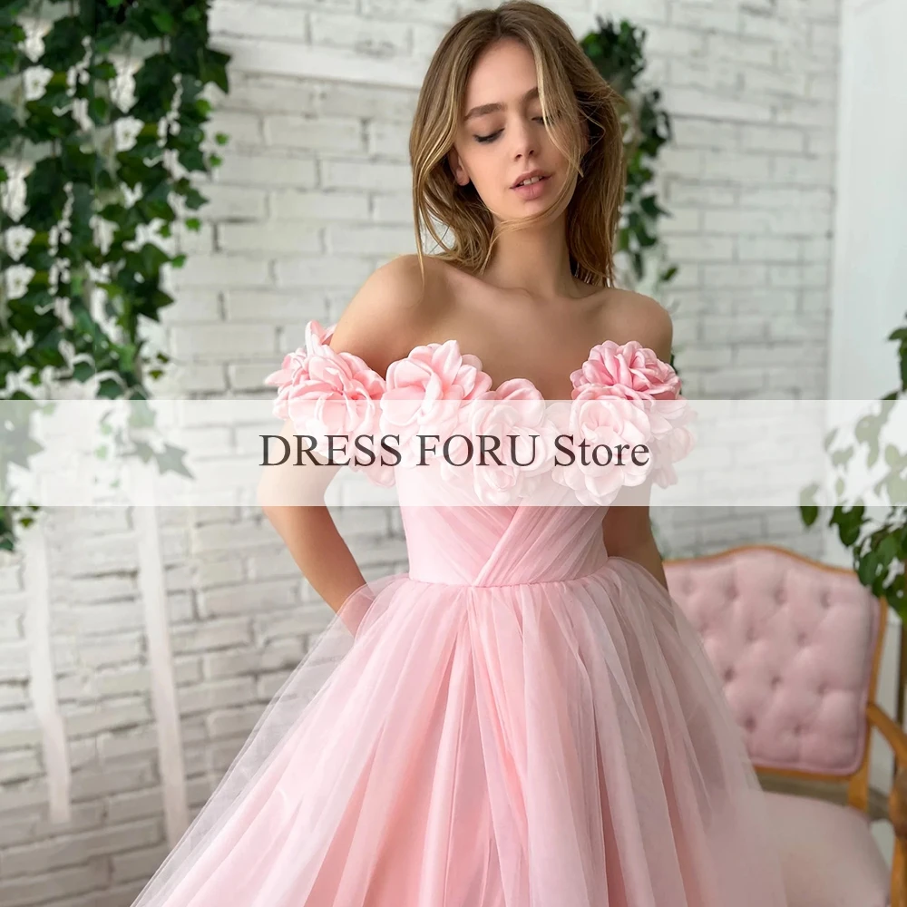 Tule rosa fora do ombro vestidos de noite uma linha de fenda frontal sem costas sem alças com flores sem mangas vestidos de festa femininos