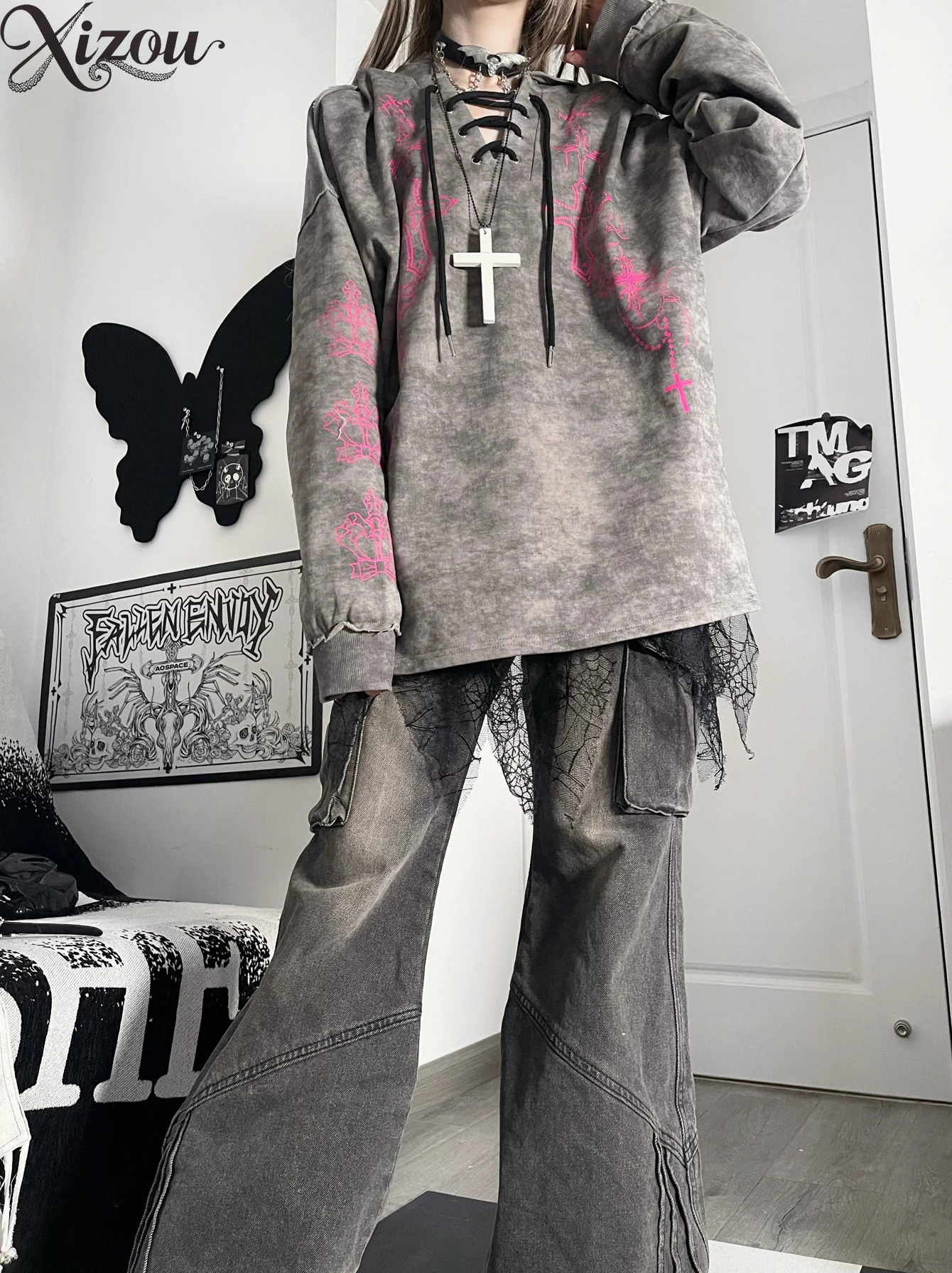 

Spring and Autumn Subculture Dark Lady Loose Sweatshirt Fashion Casual Hooded Pullover Tie-dye Long Sleeve Tops for Women