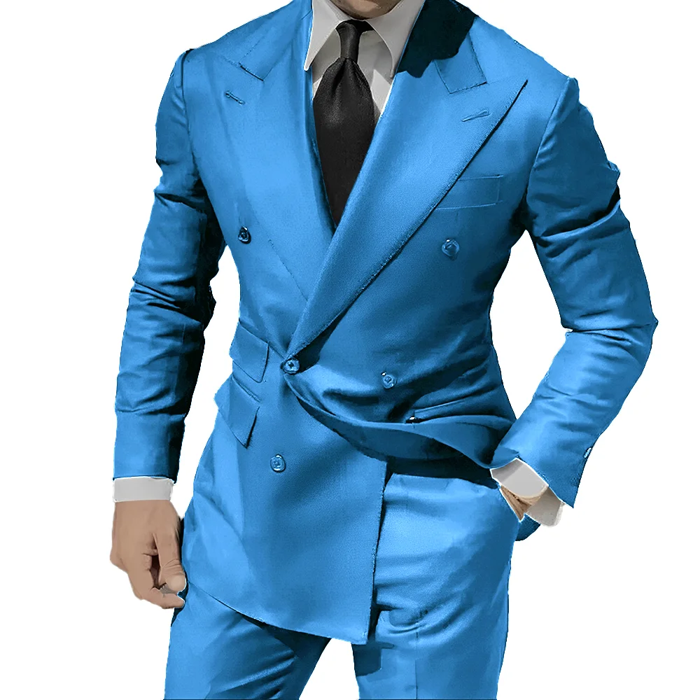 Business Mens Suits Peak Lapel Double Breasted Blazer Wedding Groom Tuxedos 2Pcs Office Workwear Groom Blazer
