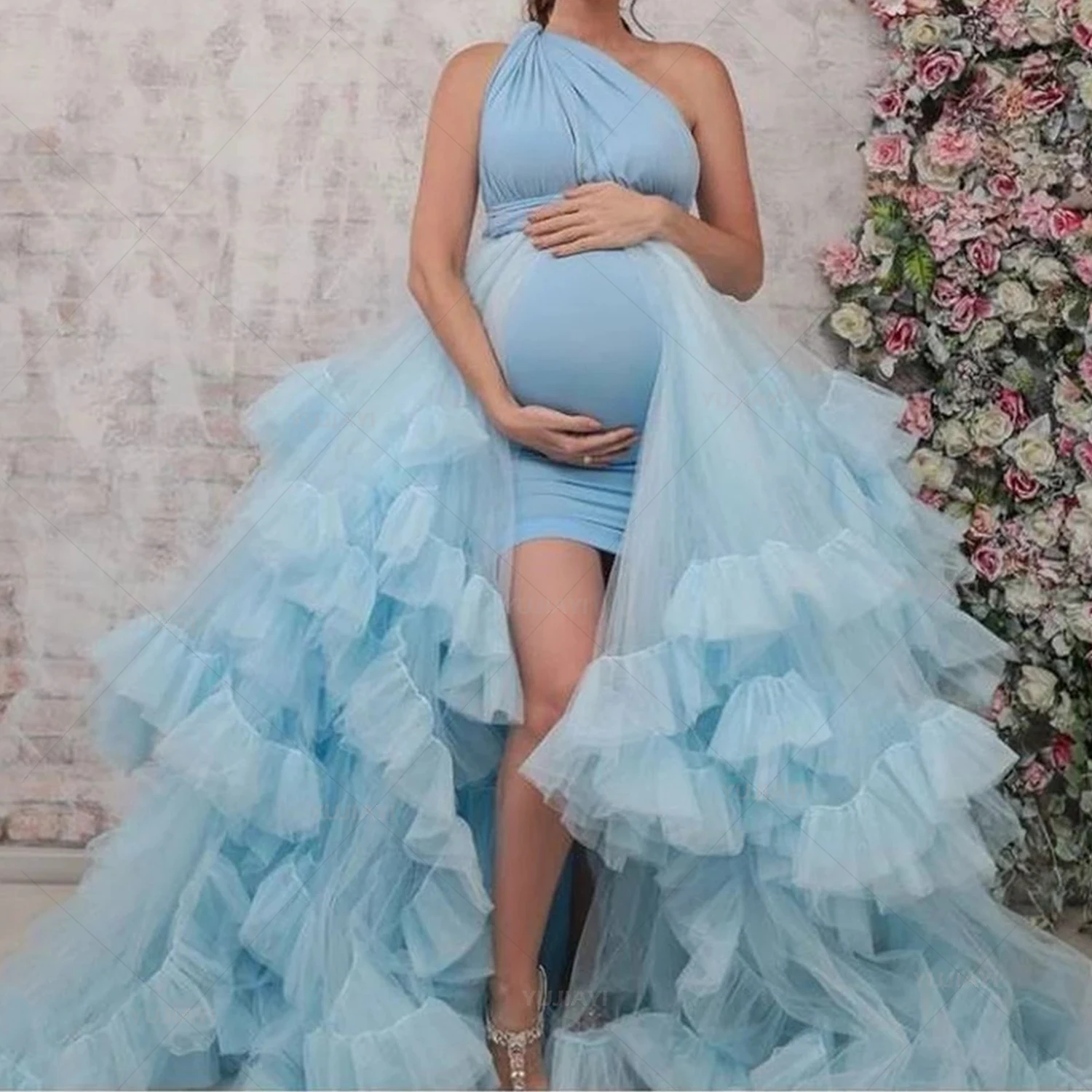 One Shoulder Blue Maternity Gowns for Photo Shoot Tiered Ruffles Pregnancy Women Short Maternity Dresses with Skirt Sleepwear