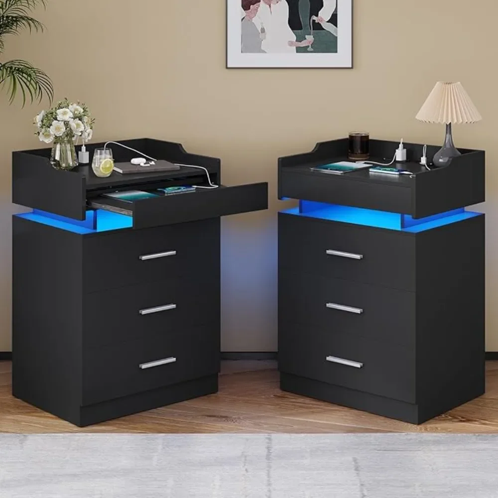LED bedside table 2 sets 2, large night shift with charging station, bedside table with pull-up shelf and 3 drawers