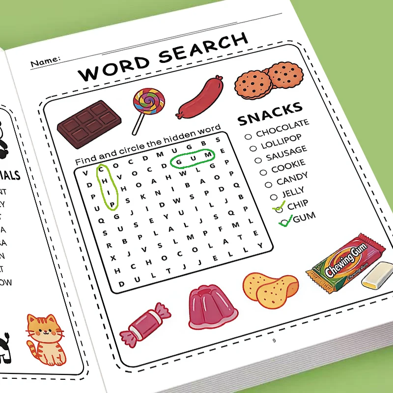 Children English Vocabulary Word Search Game Workbook, Lovely Cartoon Zoo Animal Pattern Puzzle Sheets, Fun Brain Training Book