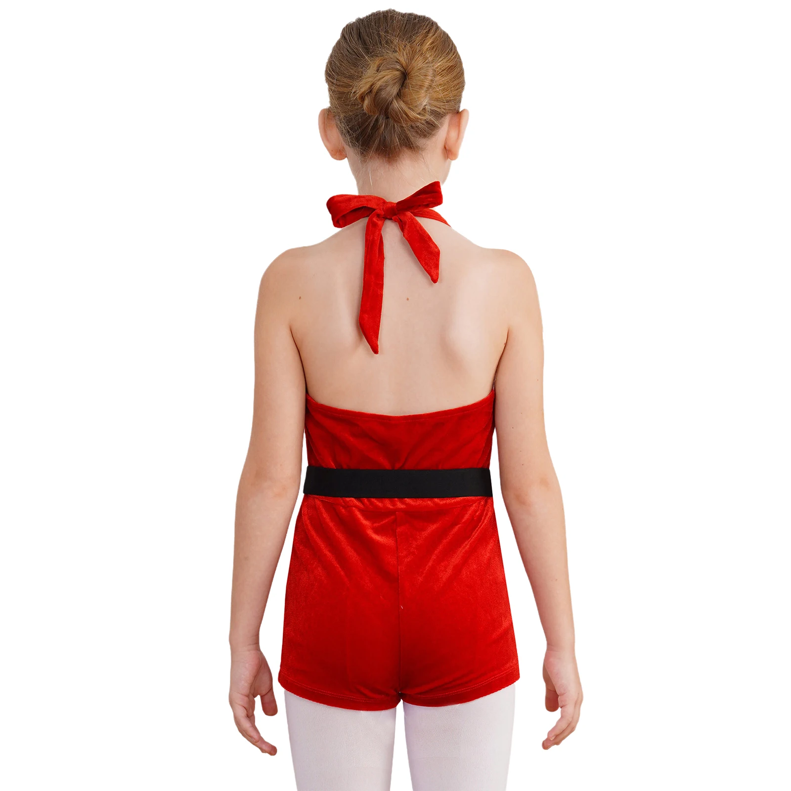 Kids Girls Christmas Dance Bodysuit Xmas New Year Party Halloween Santa Claus Cosplay Costume Halter Velvet Jumpsuit with Belt