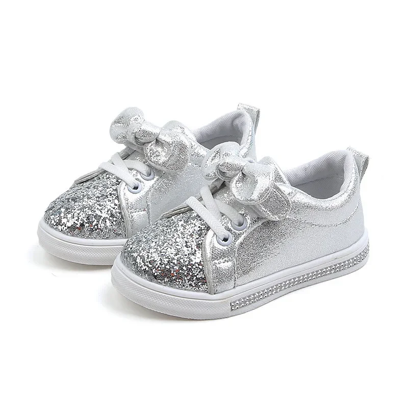 2020 Spring Autumn Girls Shoes Baby Sneakers Children Casual Shoes Fashion Bow-knot Glitter Leather Non-slip Flat Princess Shoes