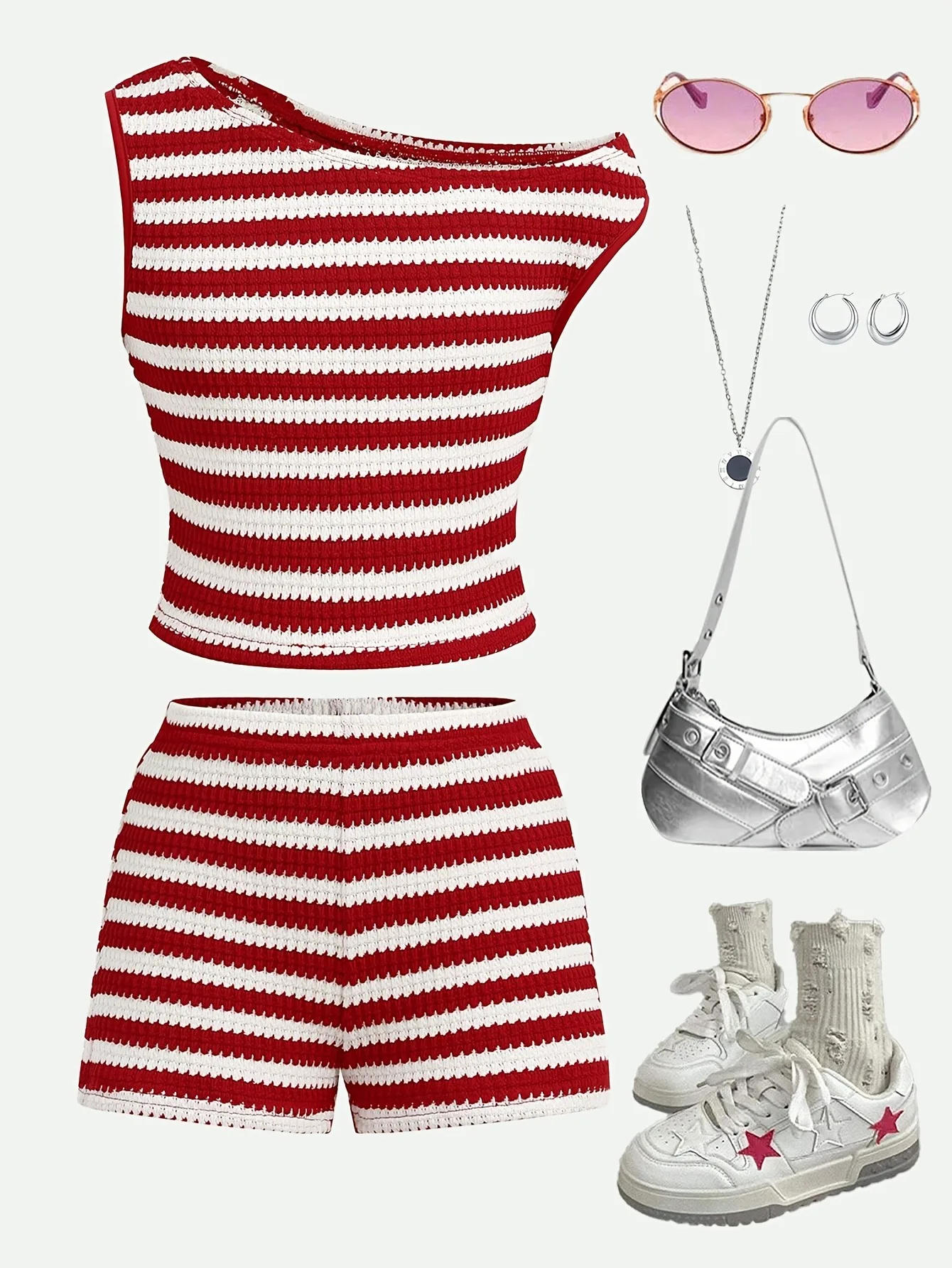 Comfy Kids Girls Two Piece Casual Suit, Vertical Texture Red White Stripe Asymmetric Slant Neck Top & Loose Knit Shorts for Beac