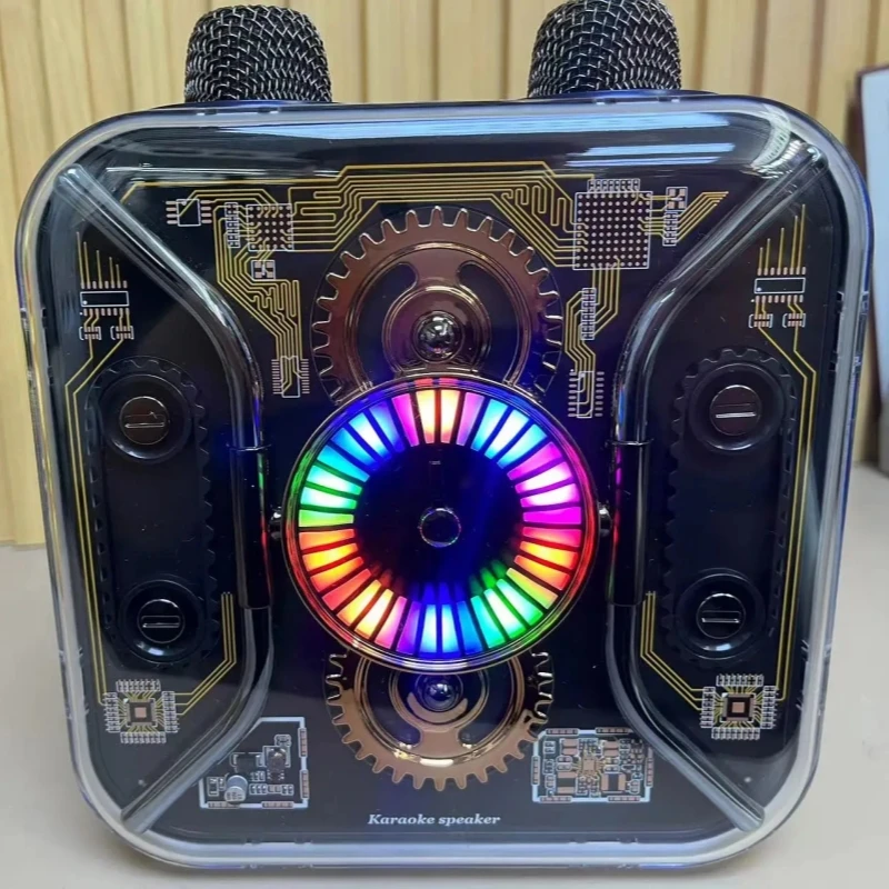 SDRD Mecha Cool LED Karaoke Speakers Outdoor Wireless Portable Bluetooth Speaker with Two Wireless Microphones Support AUX IN/TF