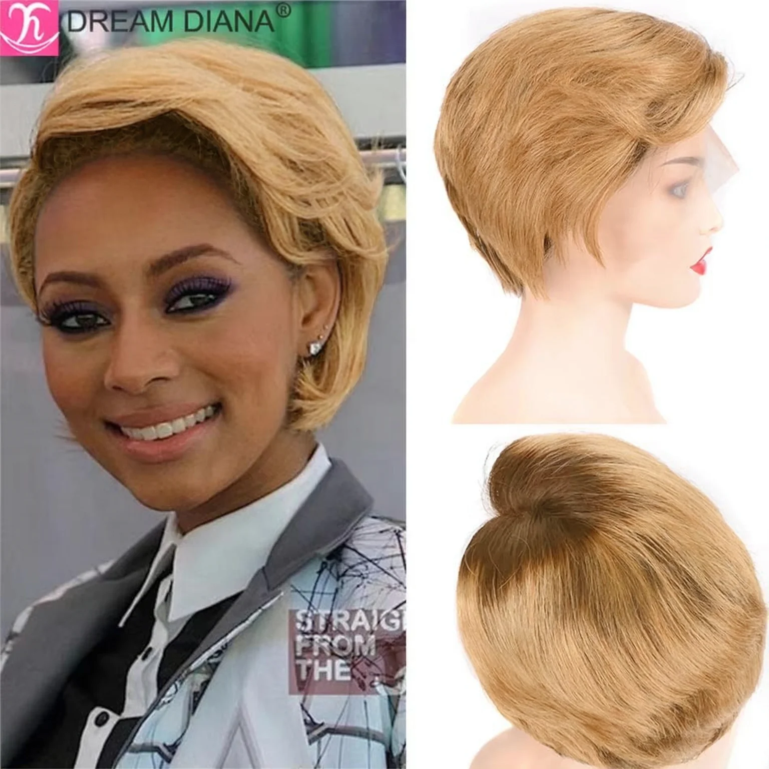 13x4 HD Lace Front Wig #27 Blonde Ombre Brown Short Straight Pixie Bob 8 Inch Brazilian Human Hair Glueless for Women