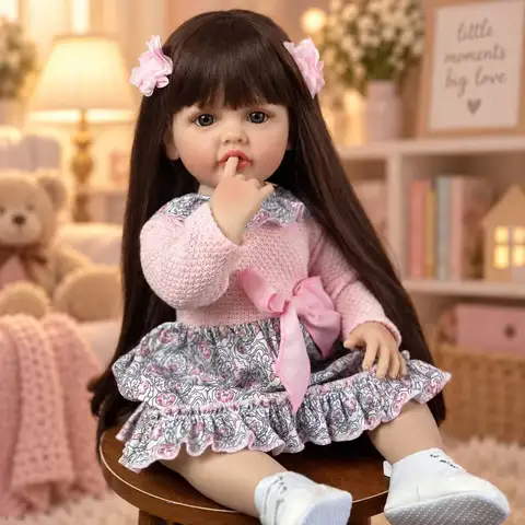 22 Inch Lifelike Reborn Girl Doll Long Dark Brown Hair Full Vinyl Body Pink Knitted Floral Skirt With Bow Hair Clips Can Bathe Kids Role Play Toy Birthday Christmas Gift