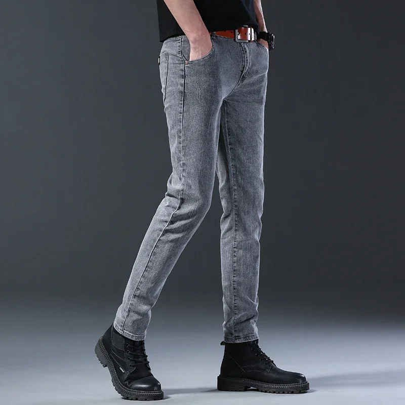 TPJB New Style Men's Slim Fit Jeans Korean Style Comfortable Straight Leg Elastic Gray Mid Waist Pants, Men's Casual Denim Pants