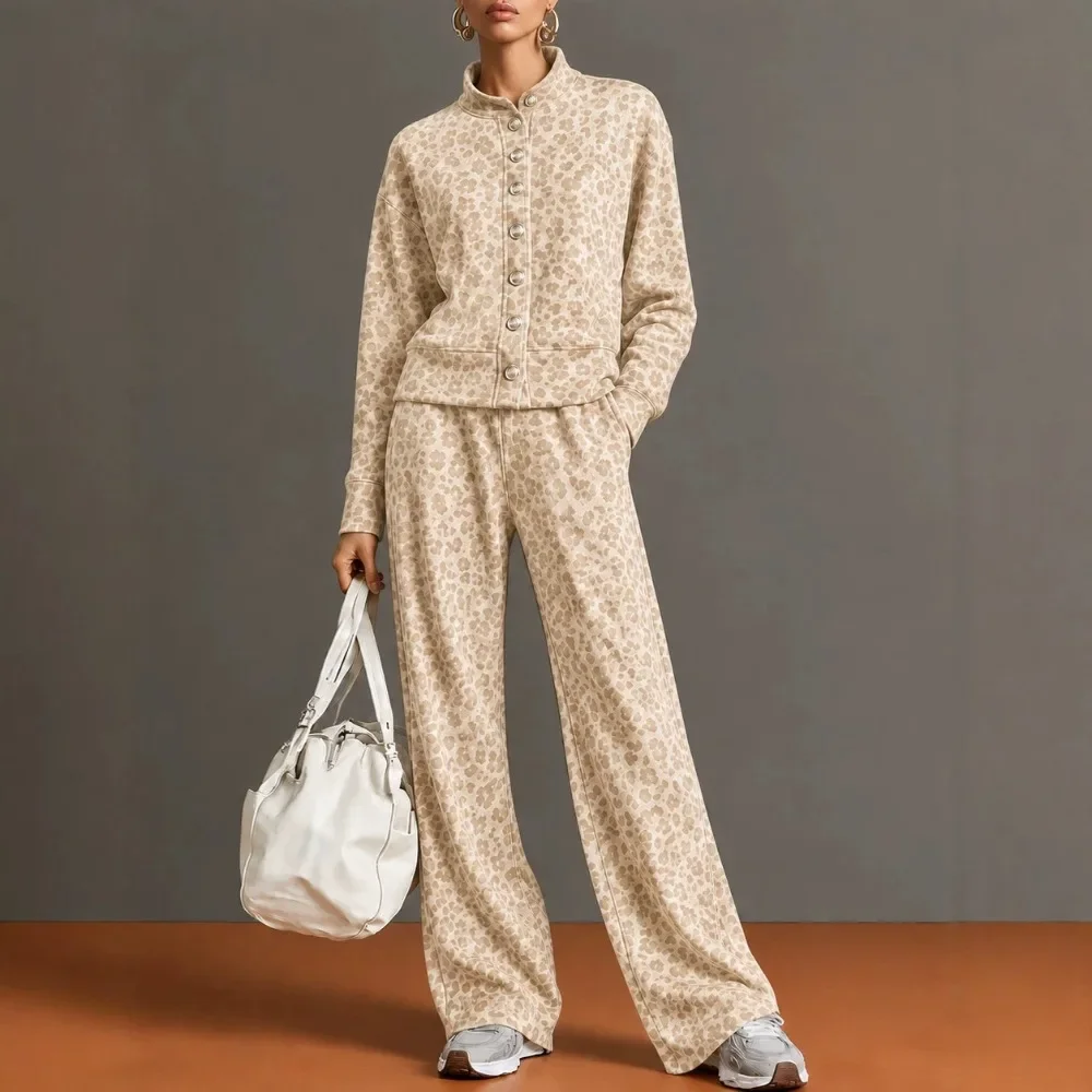 2026 Fall Winter Women Retro Leopard Print Stand Collar Single Breasted Jacket Wide Leg Pants Casual Suit