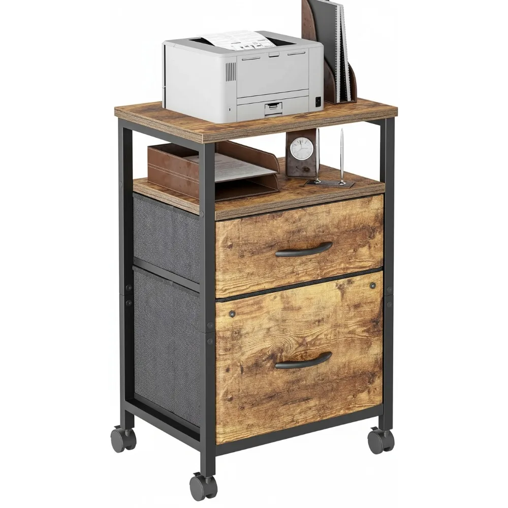 2-Drawer Rolling File Cabinet with Open Shelf, Mobile Printer Stand for Home Office Storage, Brown