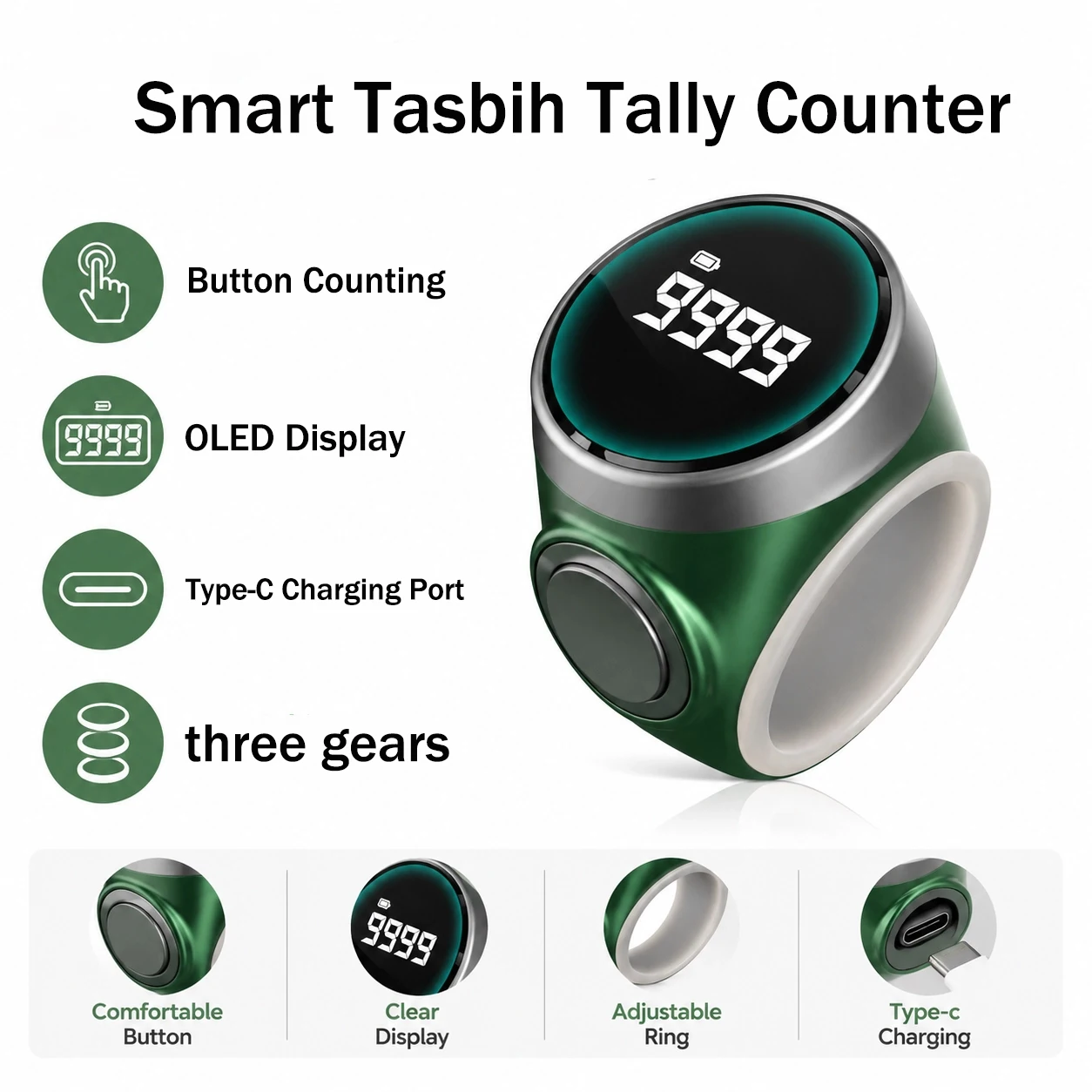 OLED Digital Smart Zikr Ring Counters Bluetooth App Tasbih Tally Counter for Muslims Prayer Time Type-C Charging Port
