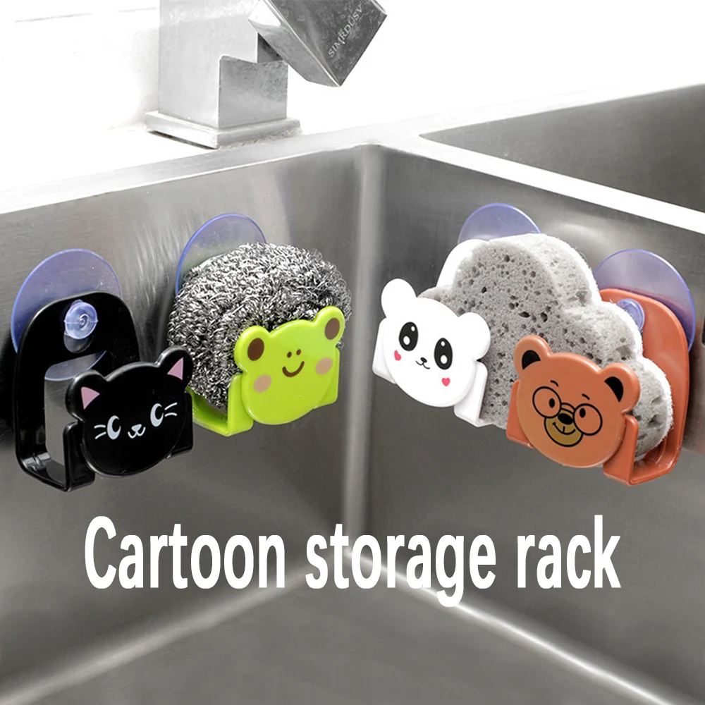 Estante de almacenamiento para esponjas de cocina con diseño de dibujos animados, estante de almacenamiento multiusos para fregadero, estante para artículos diversos de baño con ventosas