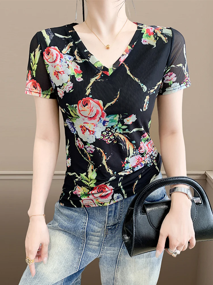 Faionable Camiseta con estampado floral para mujer ort Sve Slim Fit V-Ne f Sve Top de verano Ropa de viaje coreana Sle