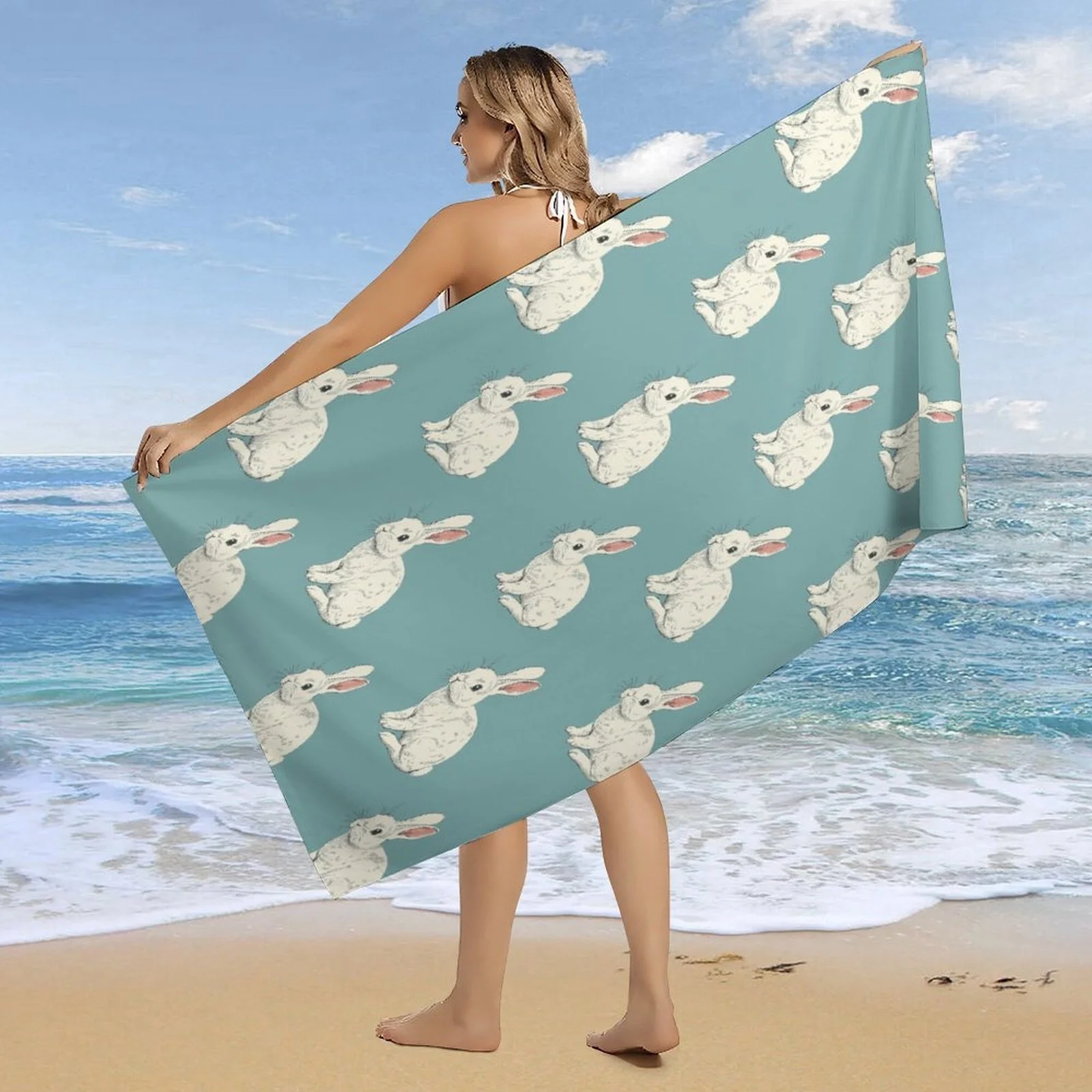 Large Beach Towel Featuring a Rabbit Design, Highly Absorbent, Quick-Drying, And Lightweight. Ideal for Summer Activities Like