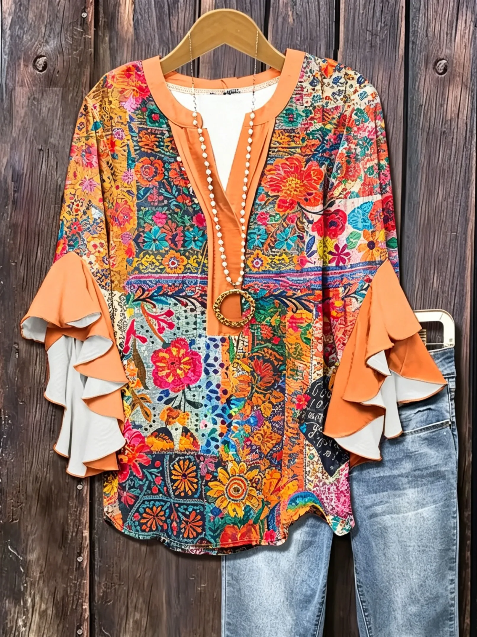 Colorful Floral Patchwork V-Neck Ruffle Blouse product image