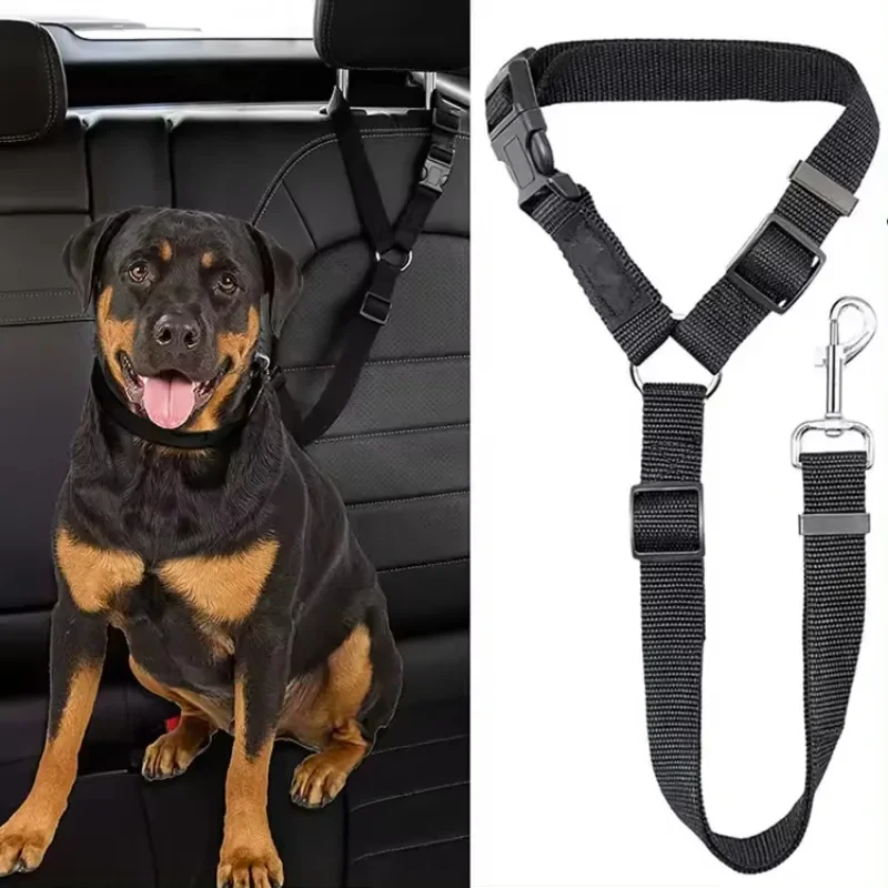 Collar de cinturón de seguridad de nailon ajustable para perros, accesorios para mascotas, cuerda de seguridad para el coche, cuerda de tracción del asiento trasero, suministros para mascotas, 2 en 1