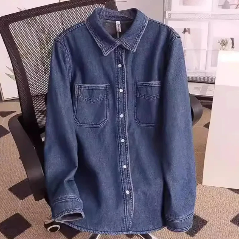 Denim Shirt Women Thick Top Winter 2025 Washed Single Breasted Turn Down Collar Pockets Female Vintage Streetwear Overshirt