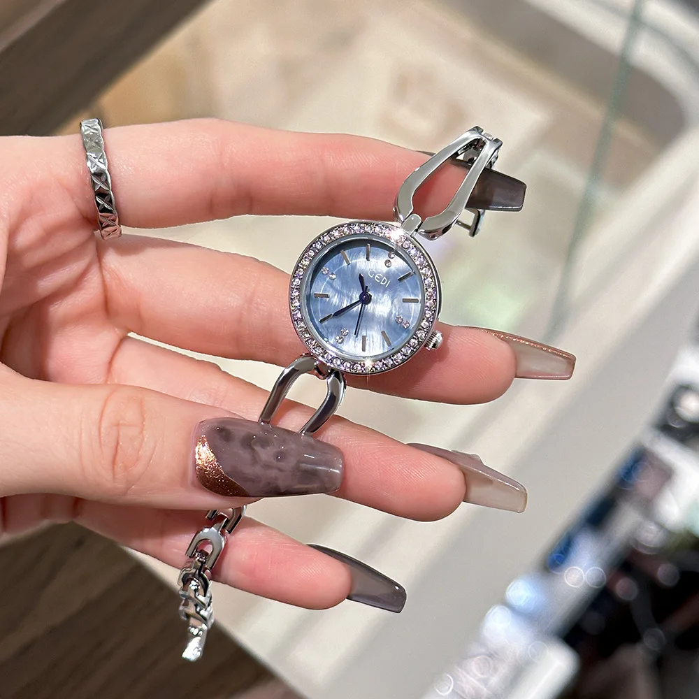 Original Design Silver Blue Rhinestone Dial Luxury Steel Strip Waterproof Women's Watch Chic Japanese Style Quartz Watches
