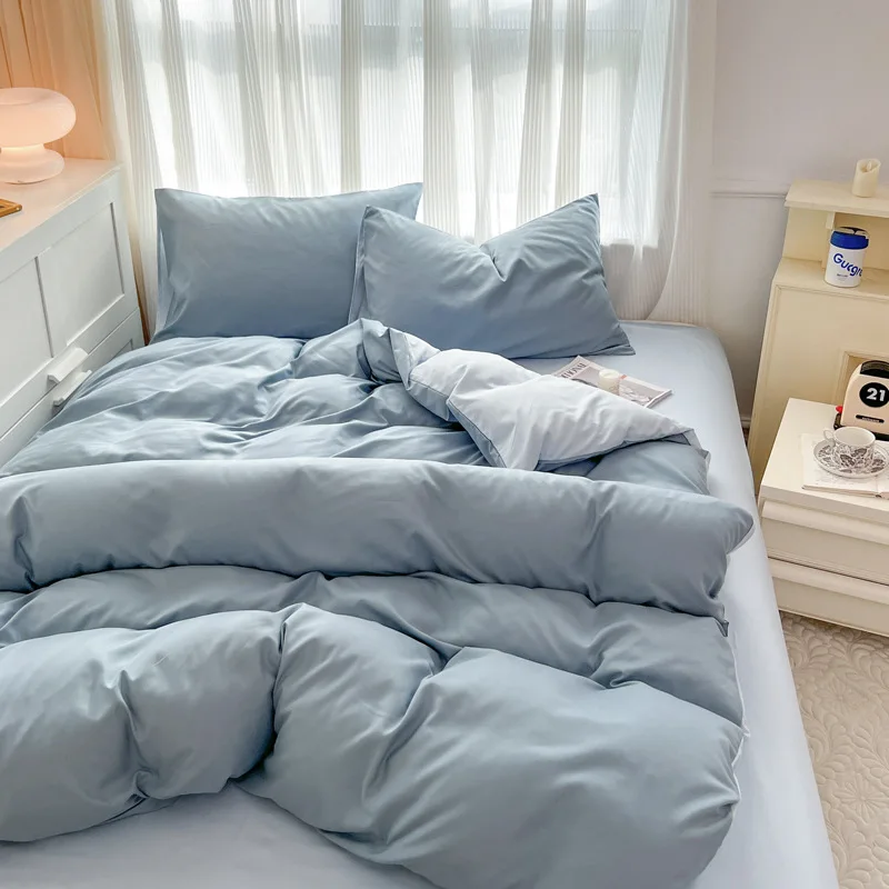 Solid Color Blue Four Piece Set Simple Washed Brushed Quilt Cover Ins Style Summer Dormitory Bedding