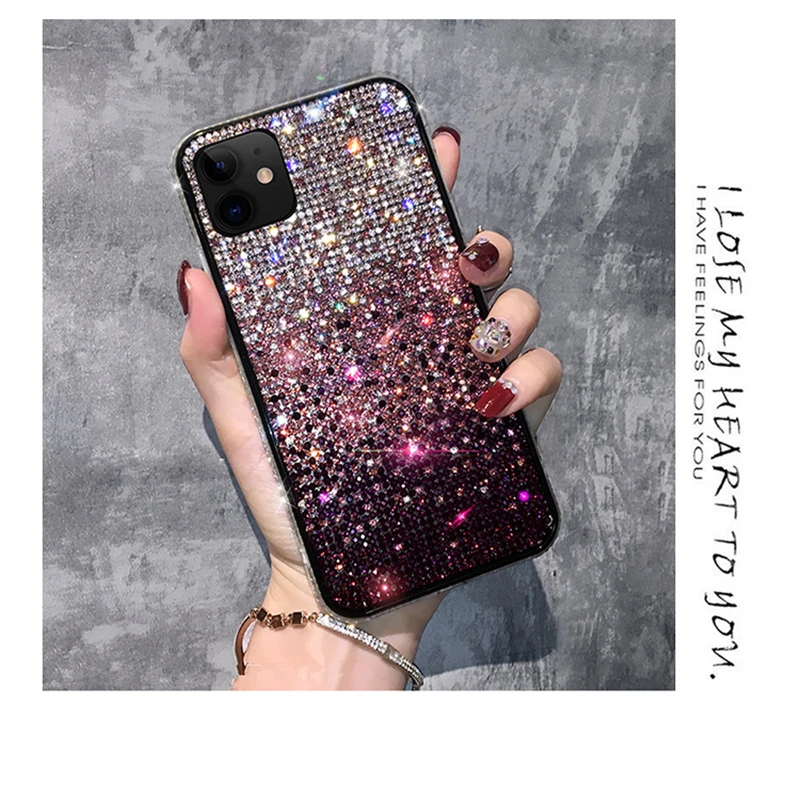 For Iphone 16 15 Pro Max Case Glitter Rhinestone Bling Gradient Diamond Cover For Iphone 14 Pro 13 12 11 Case Sparkling Bumper F