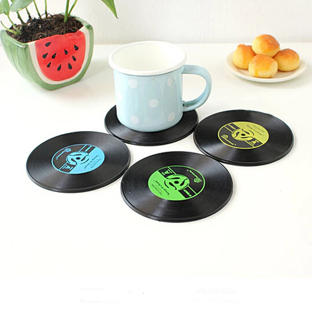 

4Pcs Vinyl Record Coasters Black Disc Design Retro Cup Mat for Hot and Cold Drinks Unique Protective Placemat for Music Lovers