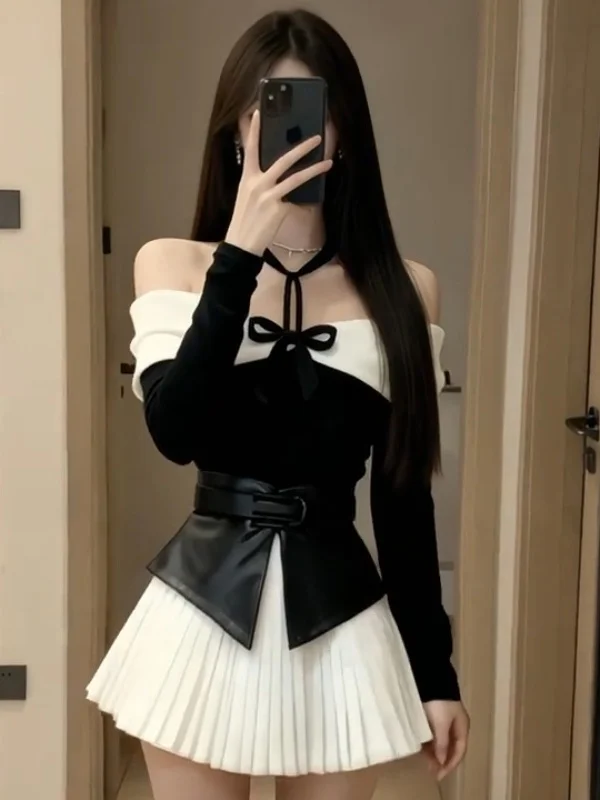 

Женский осенне-зимний наряд Faion, юбка из искусственной кожи, комплект из двух предметов, дизайн с узлом, обычный све irt, теплый