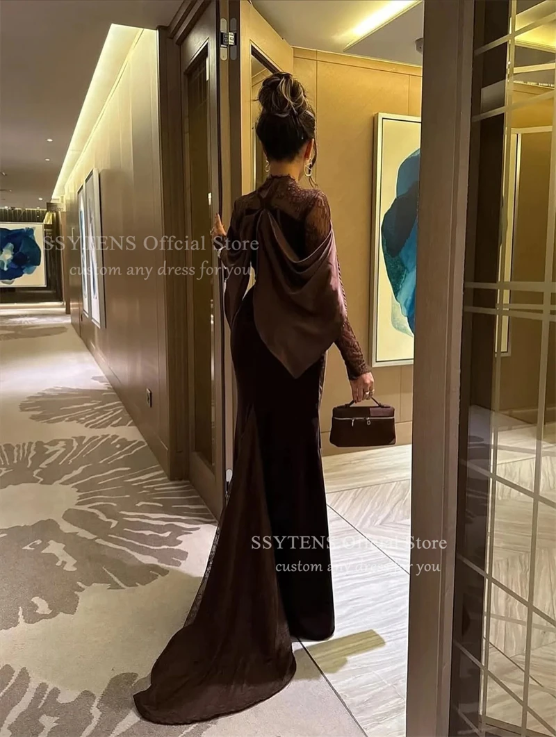 SSYTENS Brązowe Welurowe Suknie Wieczorowe Saudyjska Koronka Syrenka Suknie Ślubne na Przyjęcia dla Kobiet Długie Rękawy Personalizowane Suknie Formalne na Przyjęcia