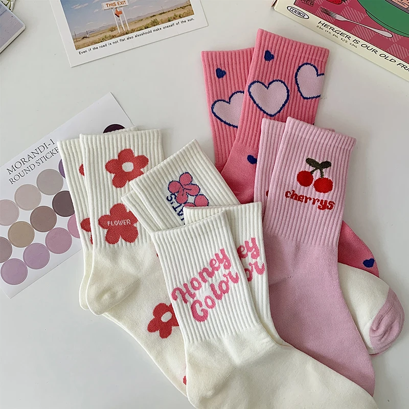 Pink Flower Women Socks Fashion Cute Sweet Harajuku Cotton Socks Casual Korea Japanese Kawaii Girls Calcetines