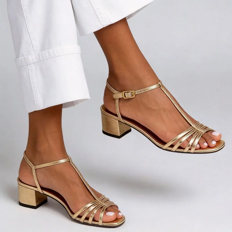 T-Bar Strappy Sandals Gold Metallic Leather Ankle Strap Cutouts Block Chunky Heels Women Sandals Shoes Size43