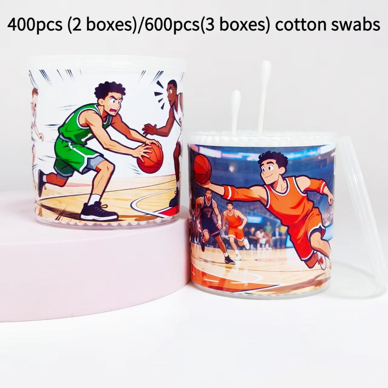 400 Stück/600 Stück Wattestäbchen mit Basketball-Thema-Muster, weißes doppelseitiges Rohr, Wattestäbchen