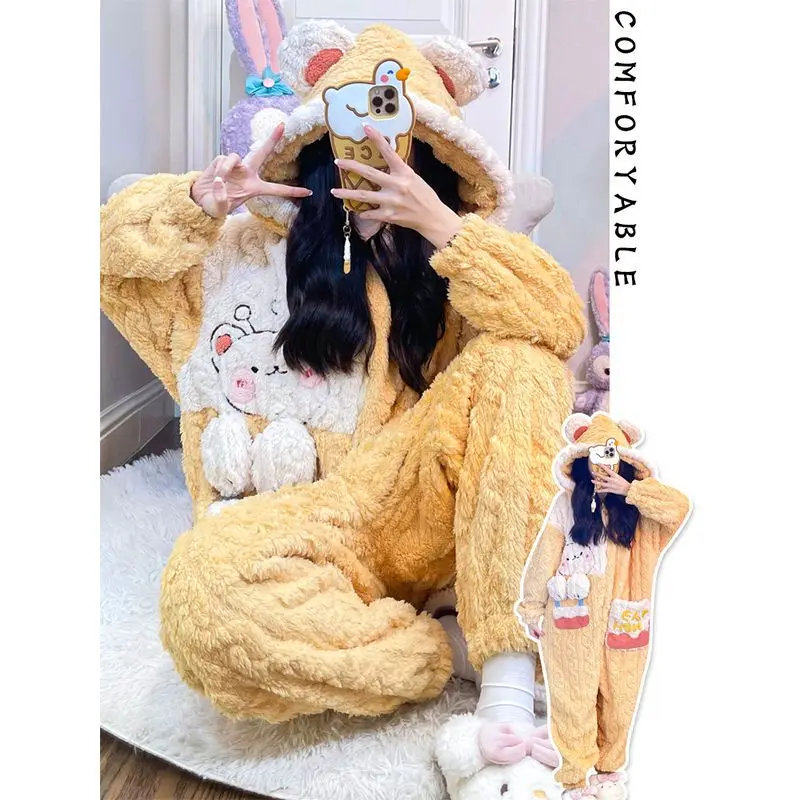 Loose Coral Fleece Jumpsuit Pajama Winter Warm Cartoon Sleepwear Onepieces Nightwear Thickened Flannel Cosplay Rabbit Home Wear