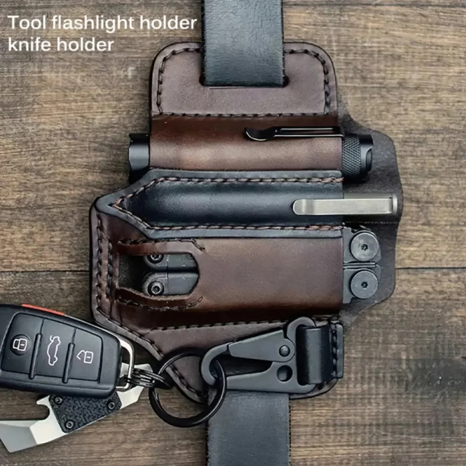 Leather Sheath Multitool Sheath EDC Pocket Organizer with Key Holder for Belt and Flashlight Outdoor Camping Tool