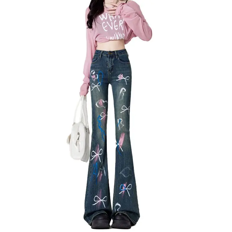 Vintage Bow Graffiti Pattern Flare Pants Women High Waist Skinny American Retro High Street Denim Pants Straight Trousers