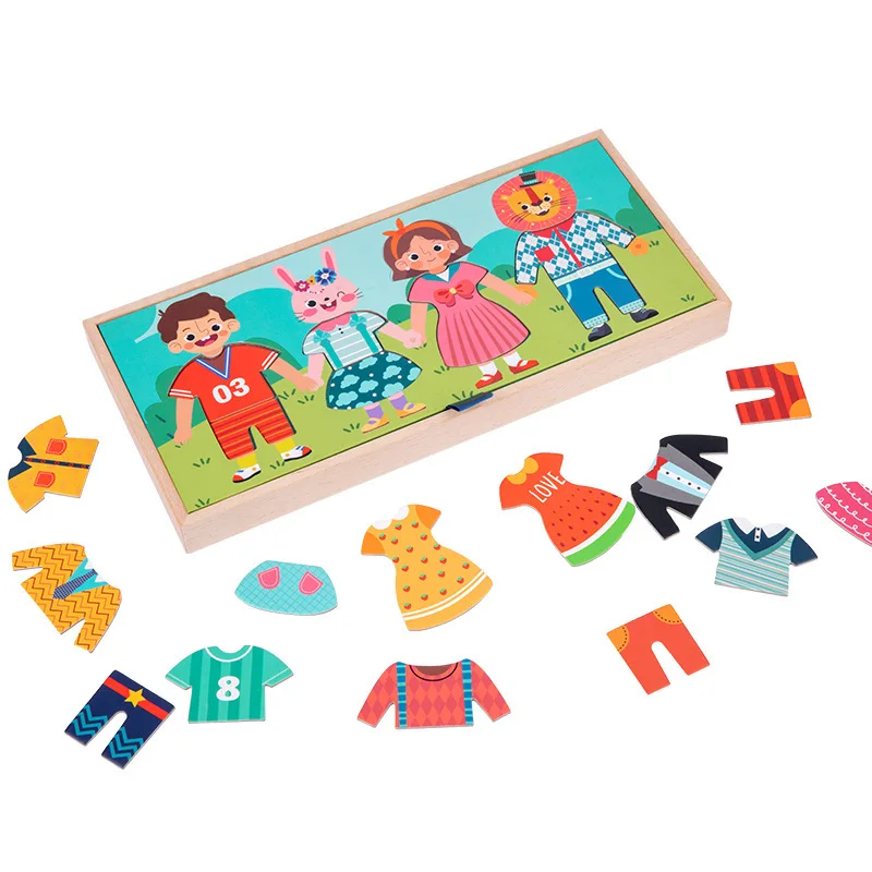 Montessori Cartoon Wooden Early Education Puzzle Toy para crianças, Role Modeling Dress Up, pendurar roupas, trocar de roupa, 2 em 1