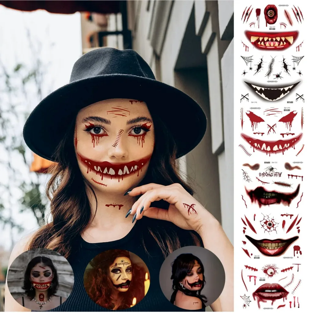 

Joker Tattoos Halloween Terror Wound Temporary Tattoos for Men Big Mouth Fake Tattoo Stickers For Adults