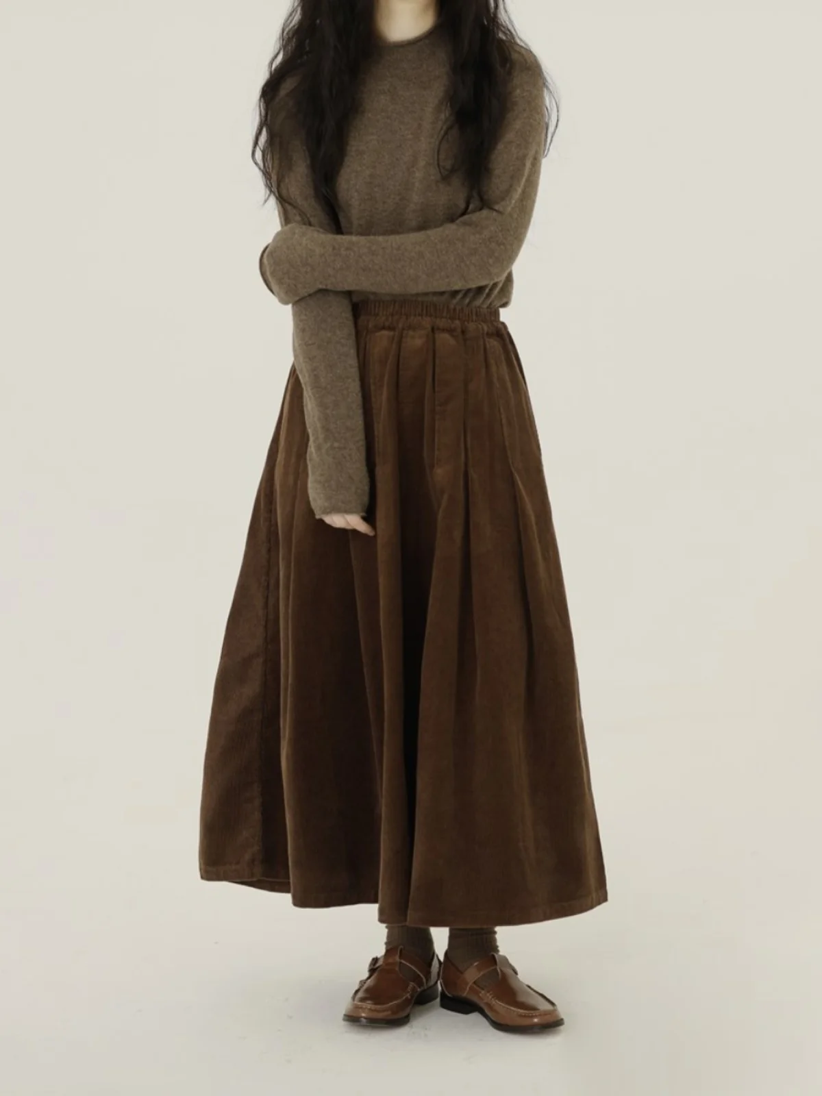 

Elastic Waist Midi Length A-Line Skirt Women's 2026 New Autumn Corduroy Skirt High Waist Midi Skirt Simple Sle Cotton Material