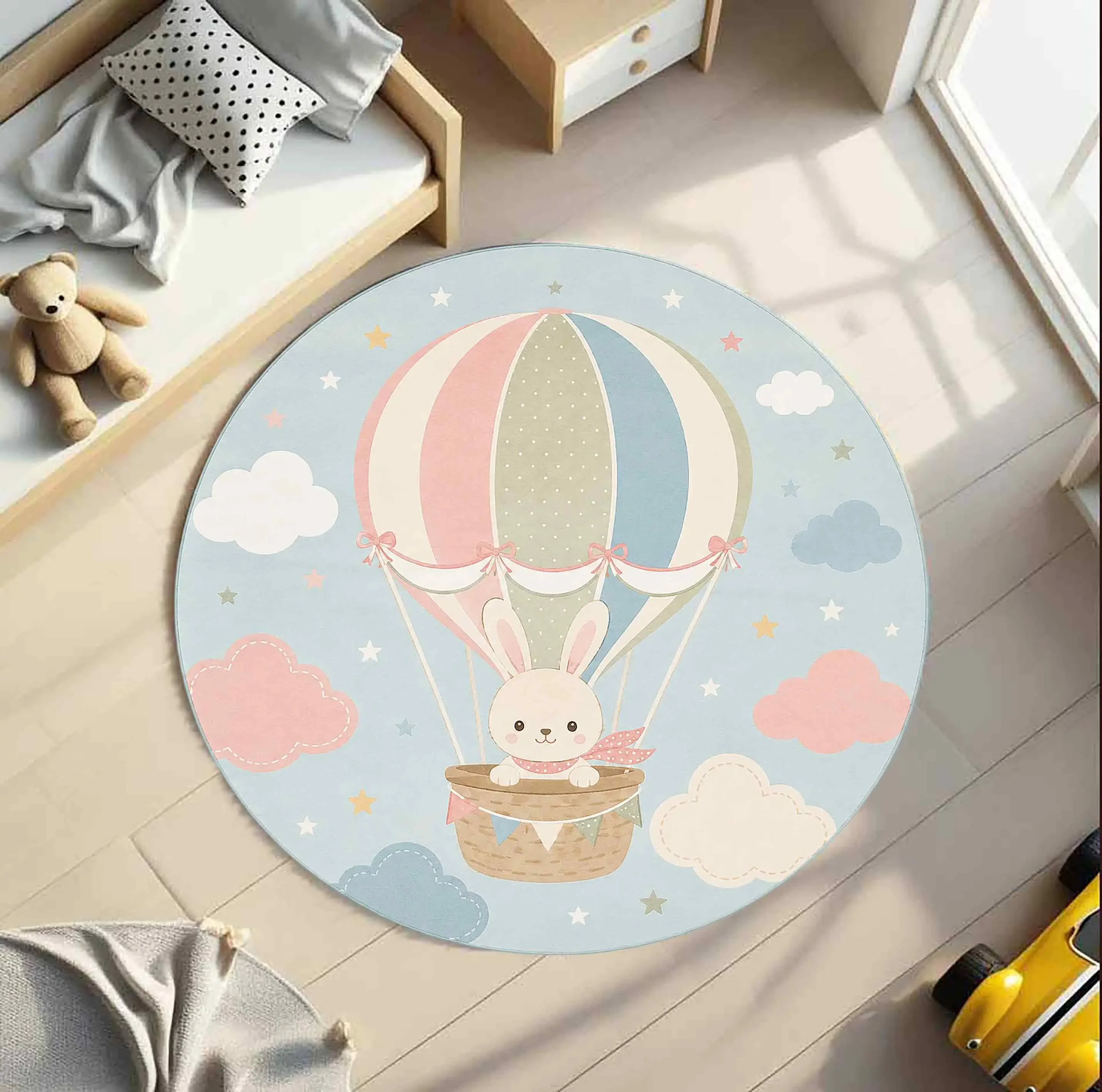 Watercolor Hot Air Balloon Animal Pattern Round Rug living room sofa rug game room bedroom bedside decor Washable Rug Present