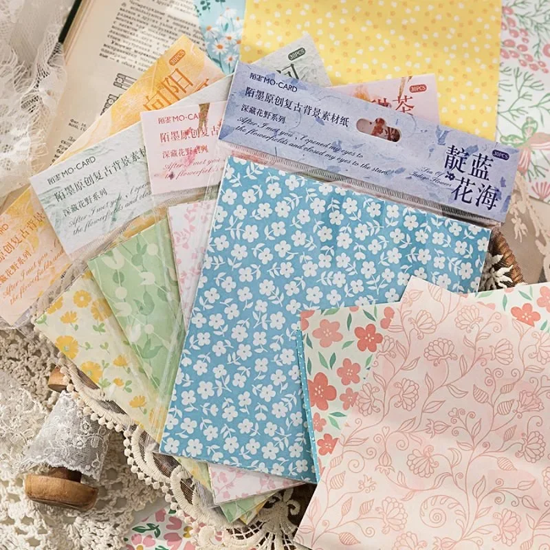 Vintage Mixed Flower Paper Pads Scrapbook Craft Papers DIY Photo Album Collage Material Journal Stationery 30pcs No Repeated