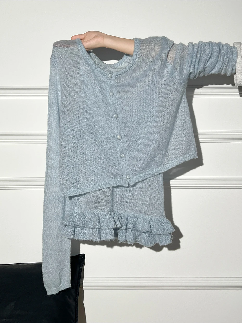

Early Spring Blue Lace Trim V Neck Short Knitted Open Cardigan Women's Outerwear Breathable Two Piece Set Commute Style Regul...
