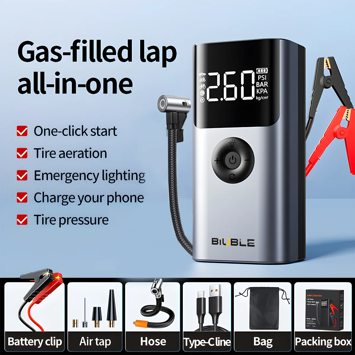 4 In 1 2000A Car Jump Starter 150PSI Air Pump 12V Battery Booster for 8.0L Petrol and 6.0L Diesel Engines