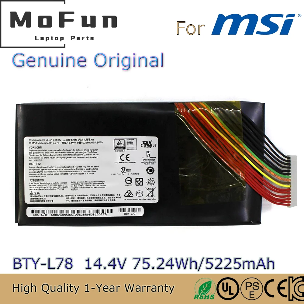 Brand New Original BTY-L78 14.4V 75.24Wh Laptop Battery for MSI GT62VR GT73 GT73VR GT80 GT80S GT83 GT83VR