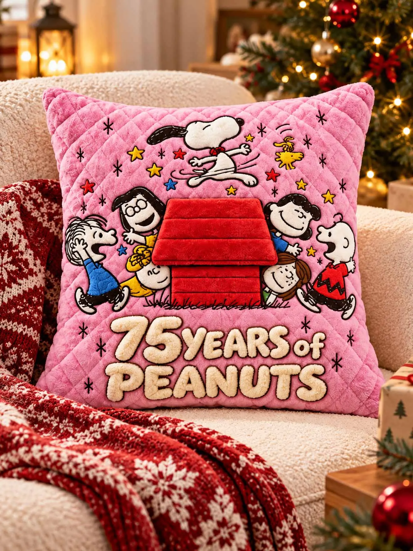 Snoopy Peanuts   Appliqué Embroidery Pillow Cover Quilted Sofa Cushion Cover Christmas Home Decor Gift